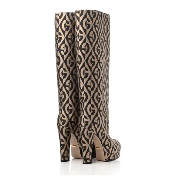GUCCI Fabric G Rhombus Print Platform Boots Size EU37.5/ US7.5 Beige Cocoa - Picture 8 of 16